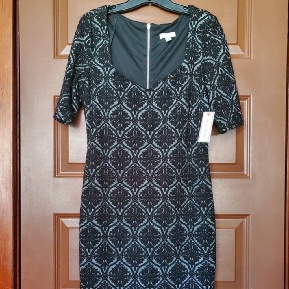 Bisou Bisou Black/Cream Fitted Dress Short Sleeves Sweetheart Neckline 12